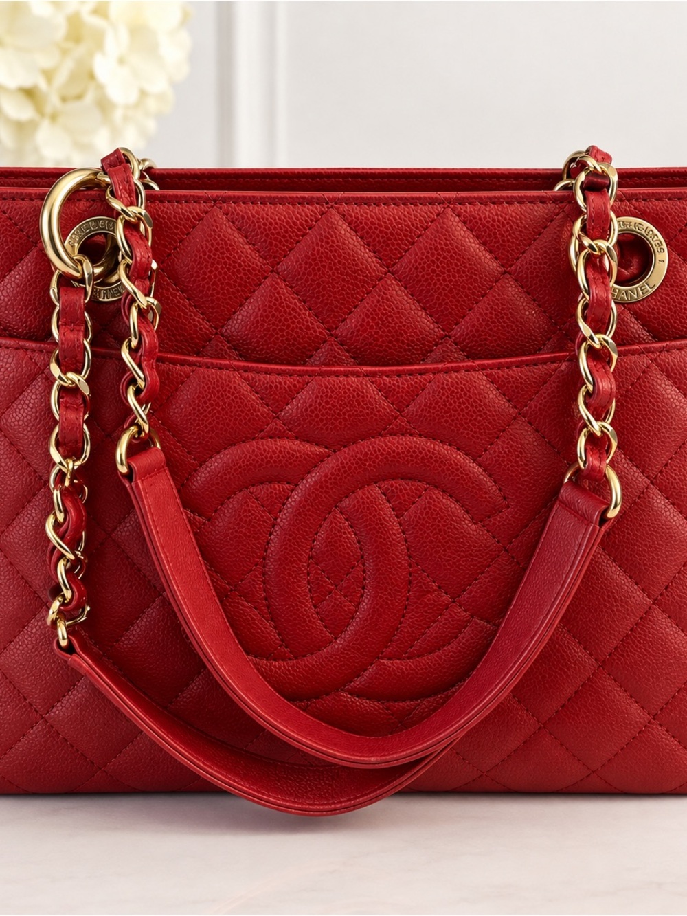 Chanel Red Caviar Quilted GST Grand Shopping Tote Gold Hardware Authentic